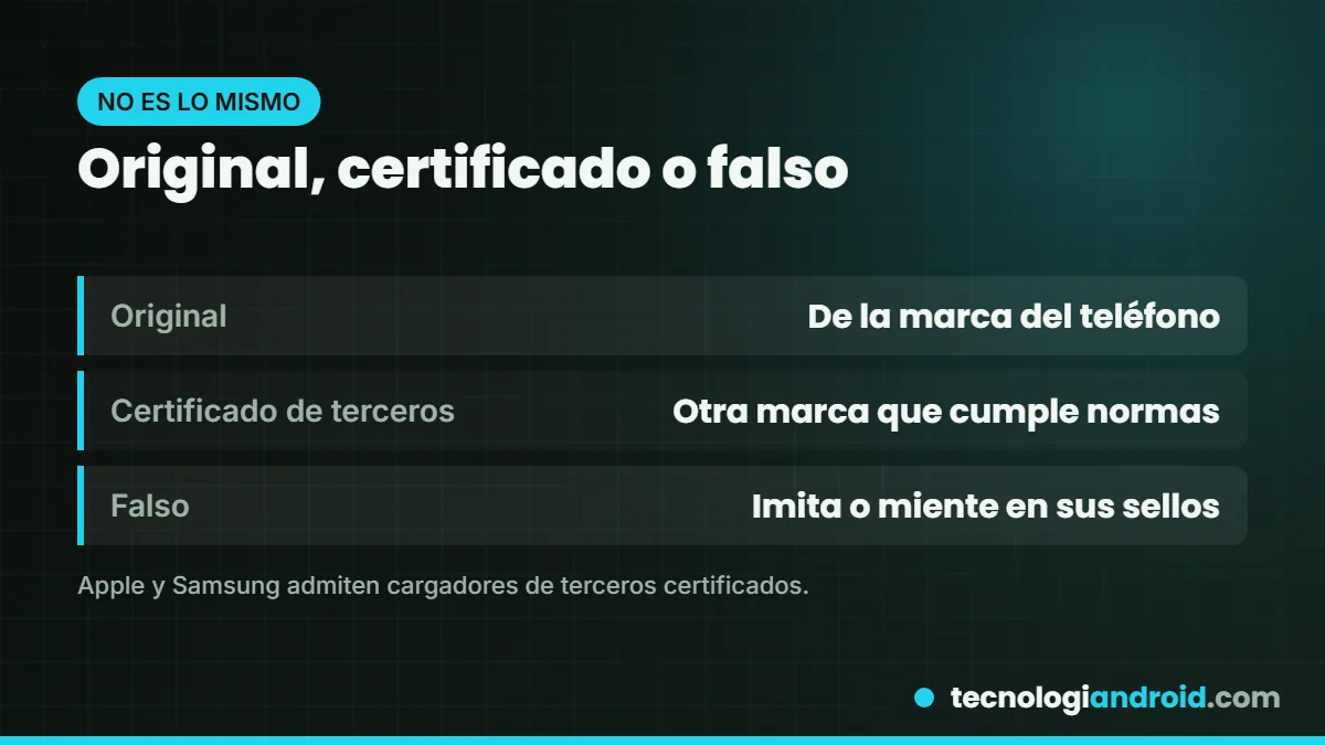 Diferencias entre un cargador original, uno certificado de terceros y uno falso
