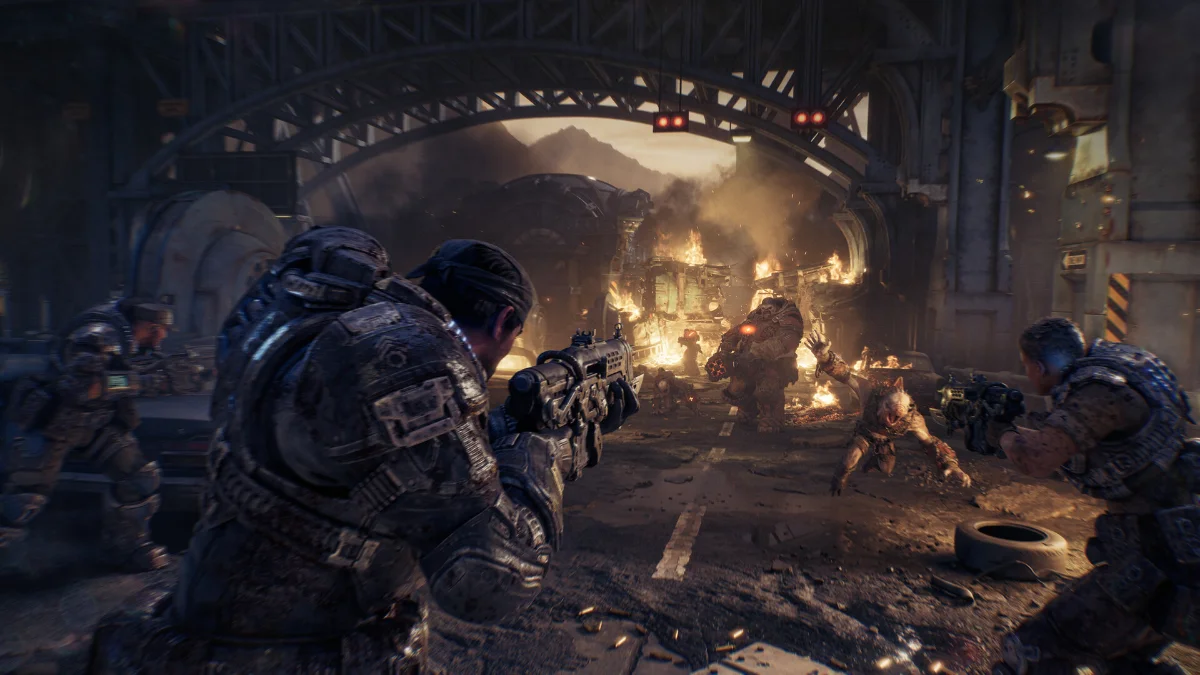 Captura oficial de Gears of War: E-Day en la ciudad de Kalona durante la invasión Locust