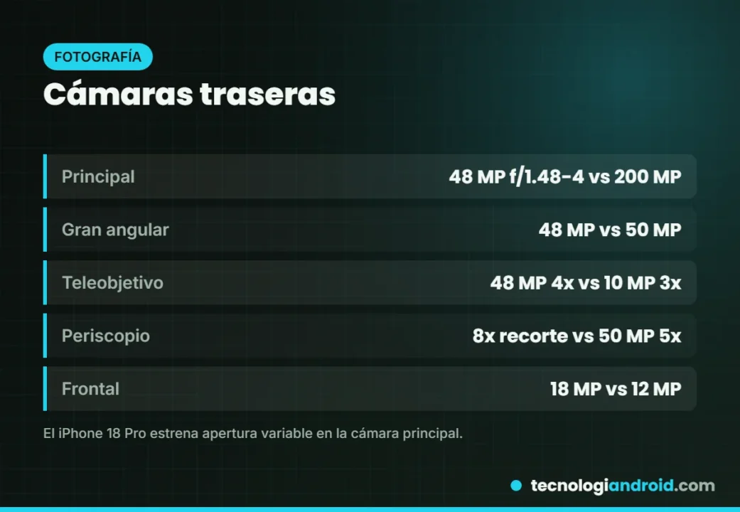 Cámaras de iPhone 18 Pro y Galaxy S26 Ultra