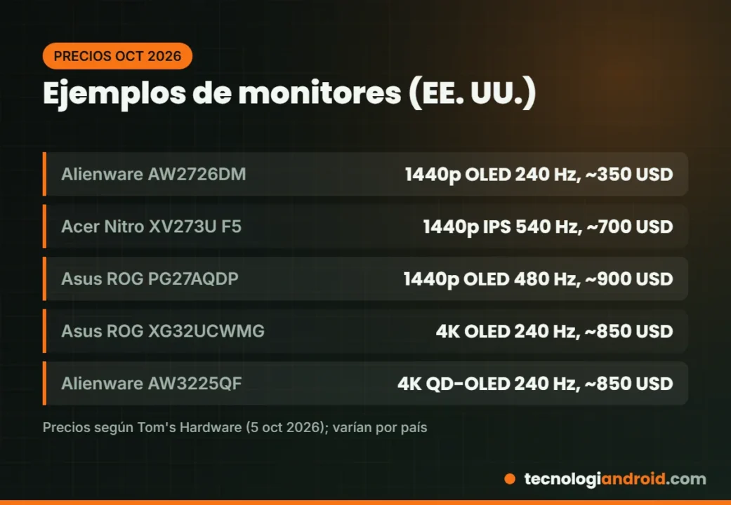 Ejemplos de monitores gaming con precios en octubre de 2026