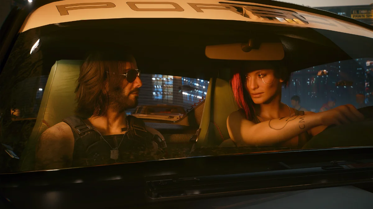 Escena nocturna de Cyberpunk 2077, uno de los juegos con path tracing más exigentes